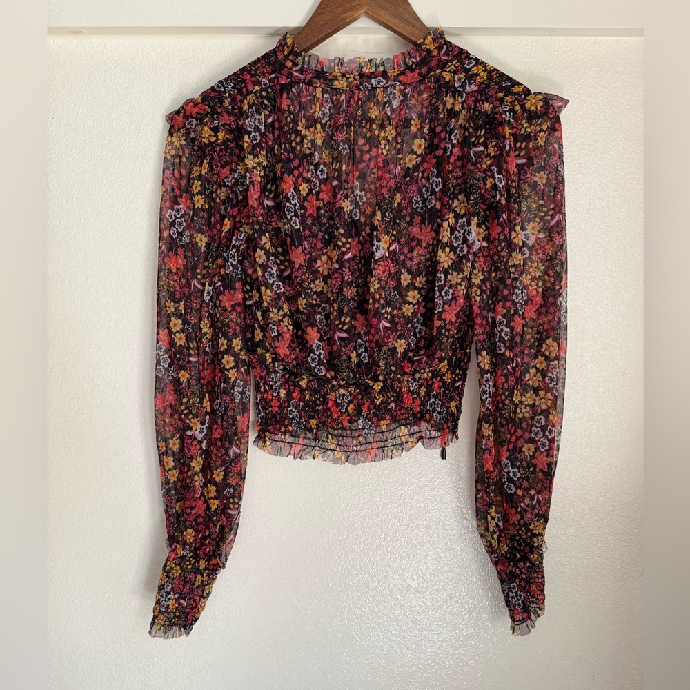 Free People XS Twyla Smocked Sheer Ruffle Long Sleeve Floral V-Neck Top Blouse - Picture 8 of 11